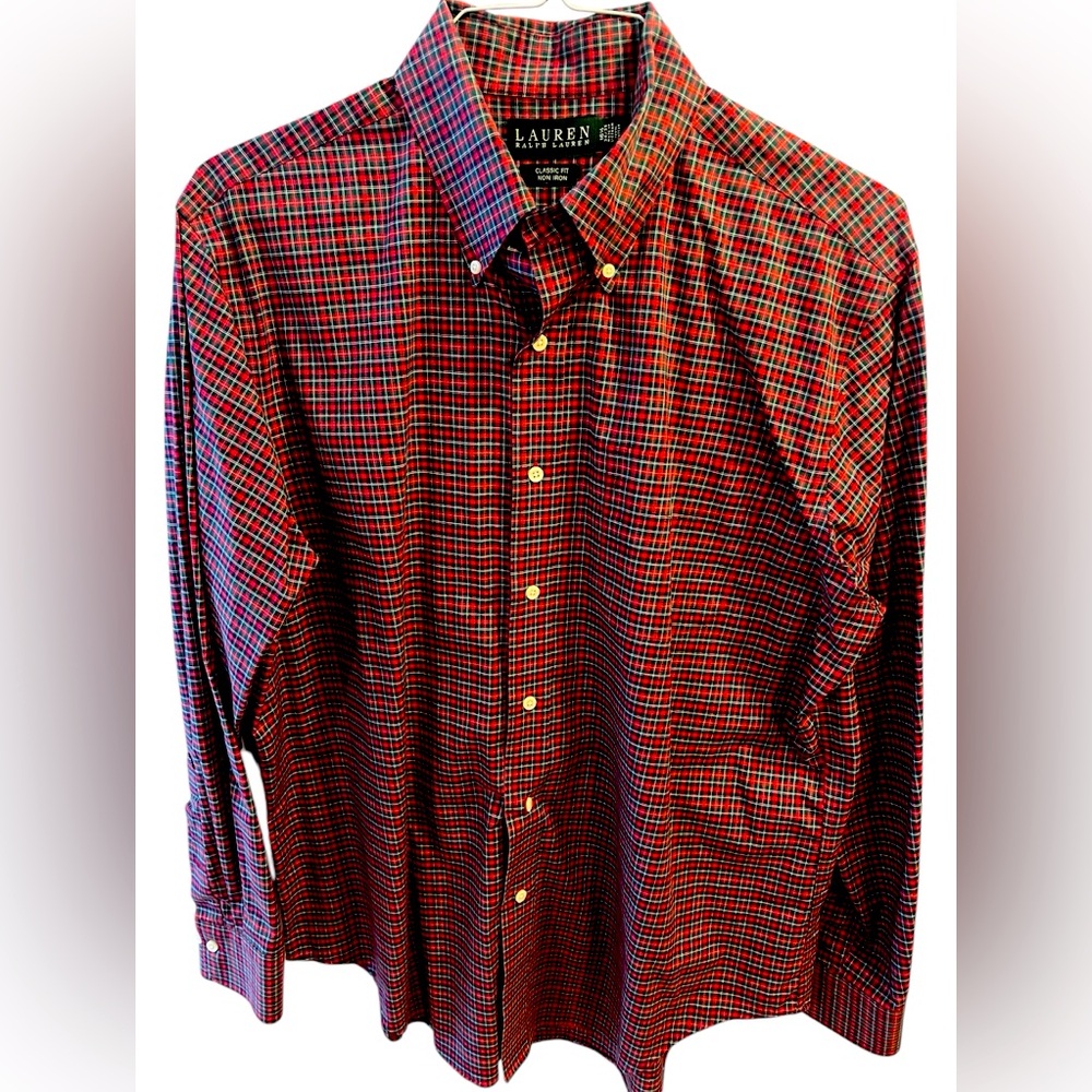 Red/Navy Blue/Green/White Plaid Shirt by Ralph Lauren Non Iron Classic Size=16.5